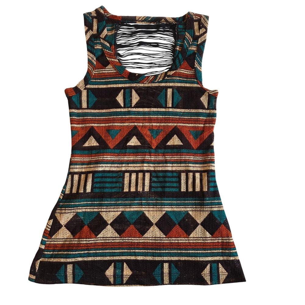 Tribal‎ Aztec Geometric Shredded Back Tank Top Tunic Boho Festival